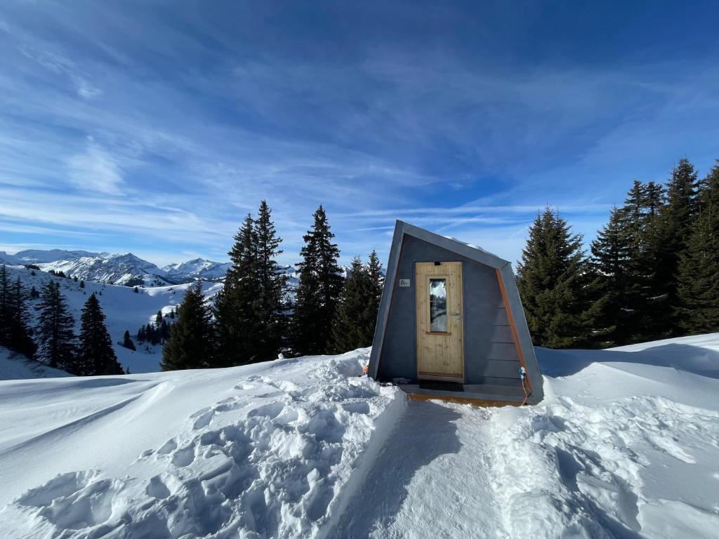 A group of snow domes on an alpine slope above Gstaad, with Bernese Alps peaks behind.